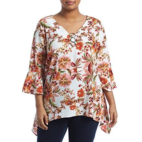 Relativity Plus Size Ivory & Pink Floral Shirt with 3/4 Bell Sleeves - 2X - Picture 1 of 3